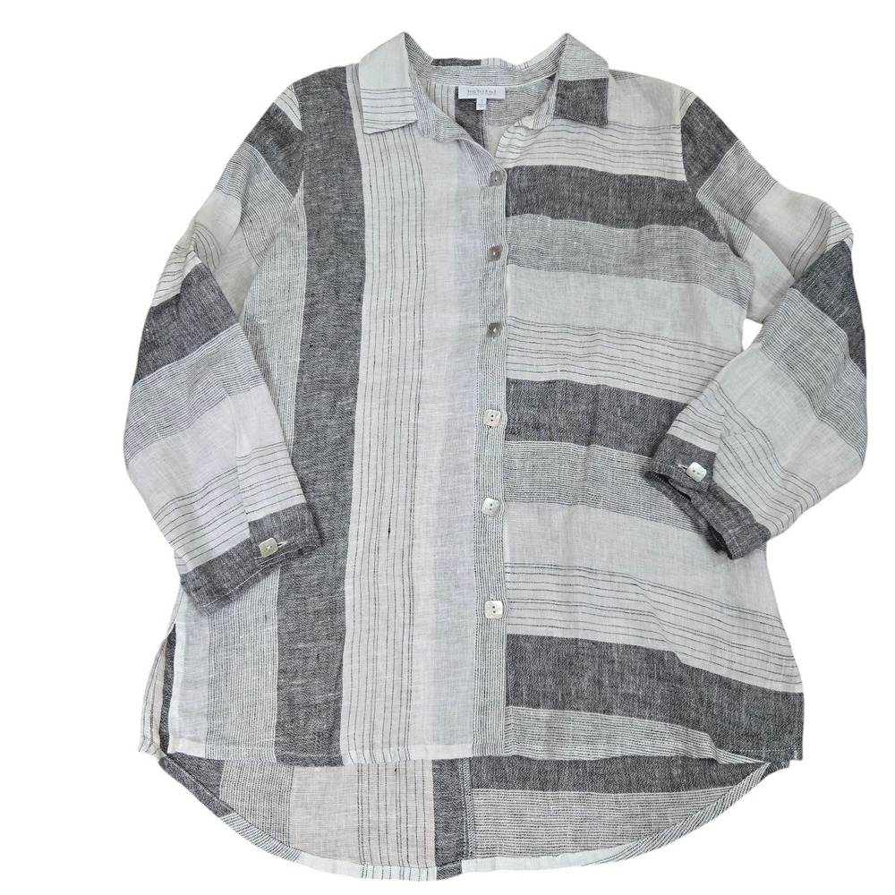 Habitat‎ Button Down Shirt Womens Small Gray Striped Linen Blend Coastal Beach